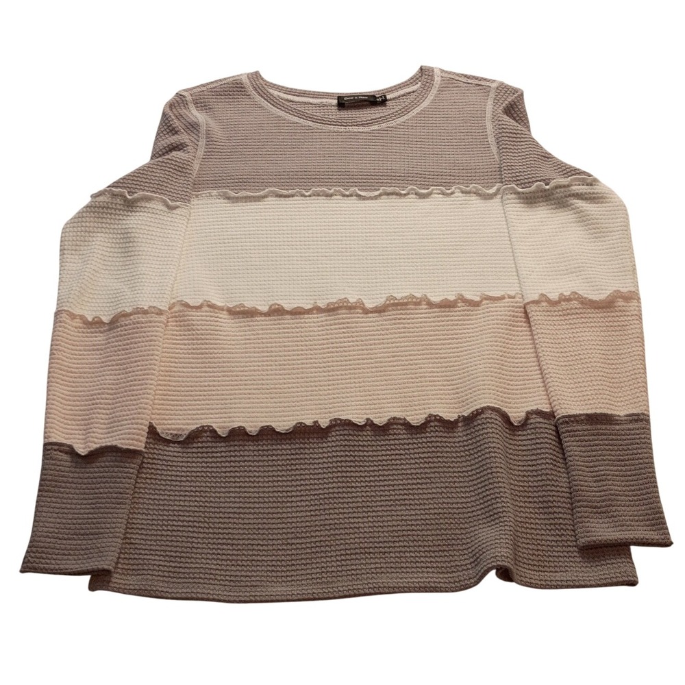 Doe & Rae Waffle Knit Top Women's Colorblock Ruffle Thermal Small Grey Pink Boho